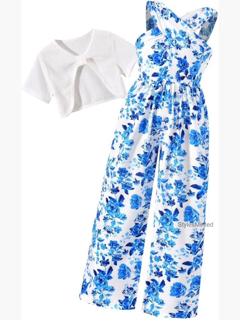 Girls Halter Cross Jumpsuit Romper Set With Short Sleeve Crop Top Size 11-12